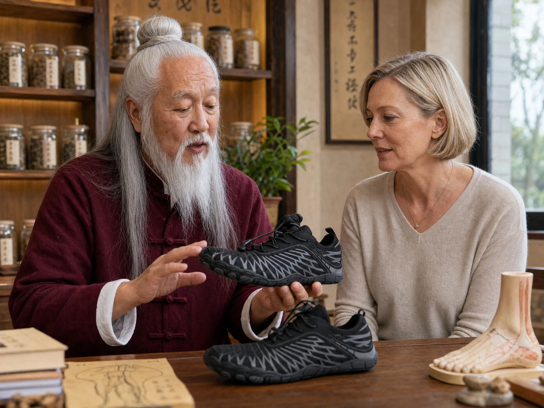 Chen Wei consulting with a patient about Bronoir shoes