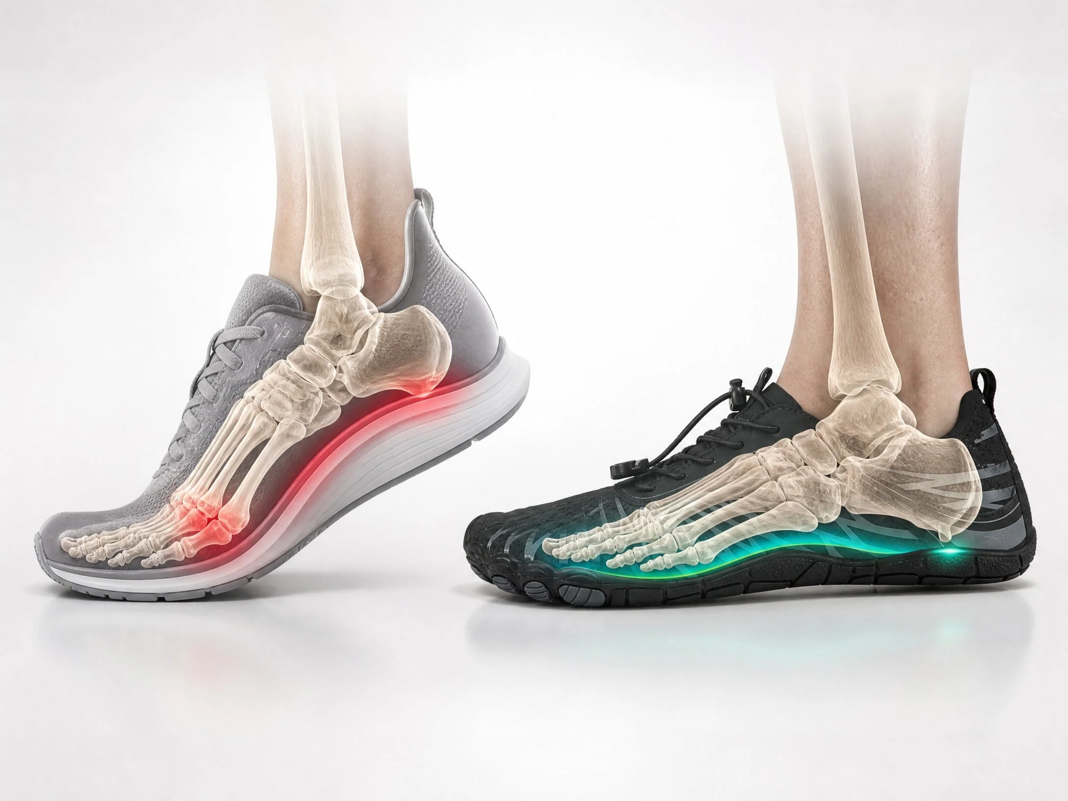 Conventional cushioned shoe and Bronoir barefoot shoe with anatomical skeleton alignment overlay